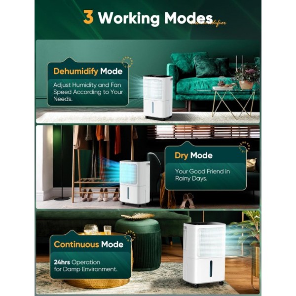 Dehumidifiers for Home Damp, Compressor Dehumidifier with Humidity Display&Control, Ultra Quiet, 24 Hour Timer, Water Tank & Drainage Hose, Ideal for Home/Basement/Office Damp, Laundry Drying