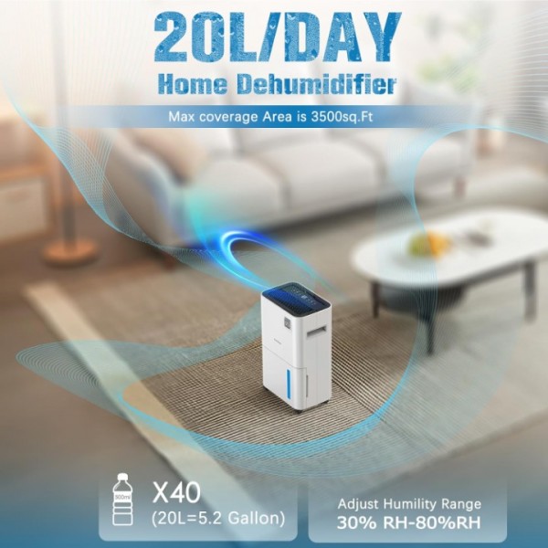 20L/Day (30°C/80% RH Conditions) Dehumidifiers for Home Damp, Quiet & Powerful Dehumidifier with Laundry Mode, Front LED Humidity Display, Lift up handle and 24 Hour Timer,Continuous Drainage