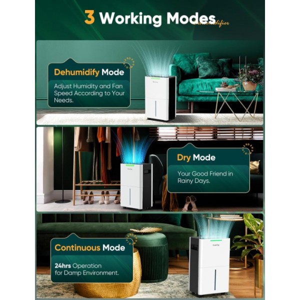 Dehumidifiers for Home Damp, Compressor Dehumidifier with Laundry Dry, Digital Humidity Display, Ultra-quiet, Energy-efficient, Continuous Drainage and 24 Hour Timer, Ideal for Damp, Laundry Drying